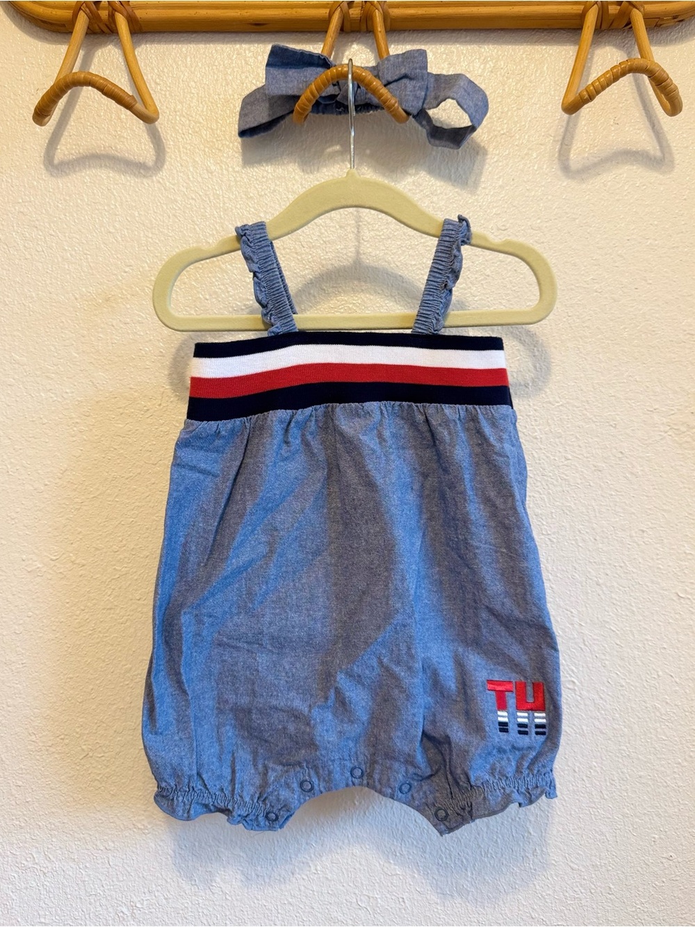 Tommy Hilfiger Light Blue Striped-Trim Baby Romper with Bow
